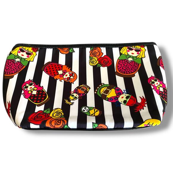 Betsy Johnson Cosmetic Pouch Bag Black Stripe Nesting Doll Print Medium Zip Top - Picture 11 of 12